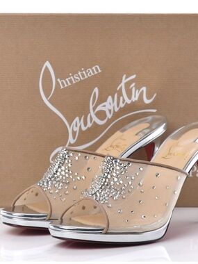 Christian Louboutin Nude Mesh Crystal Mules with Silver Trim